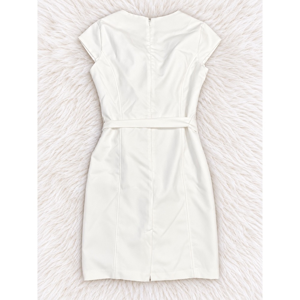 Sharagano Cream Ruffle Sheath Dress Size 6 | Belted Office Bridal Cocktail - Picture 4 of 4